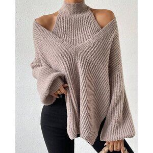 Women Gray Drop Shoulder Slit Hem Long Sleeve Overiszed Sweater Top